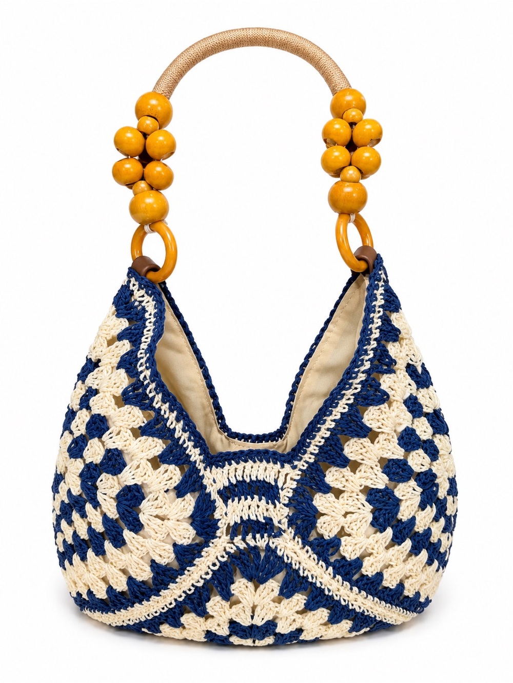 Handmade Navy & Cream Crochet Hobo Bag with Wooden Bead Handle
